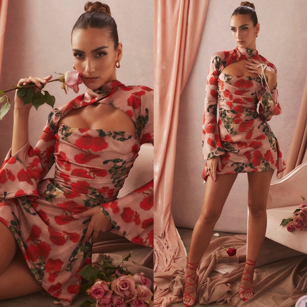 House of CB Rose Floral Print Satin Minidress